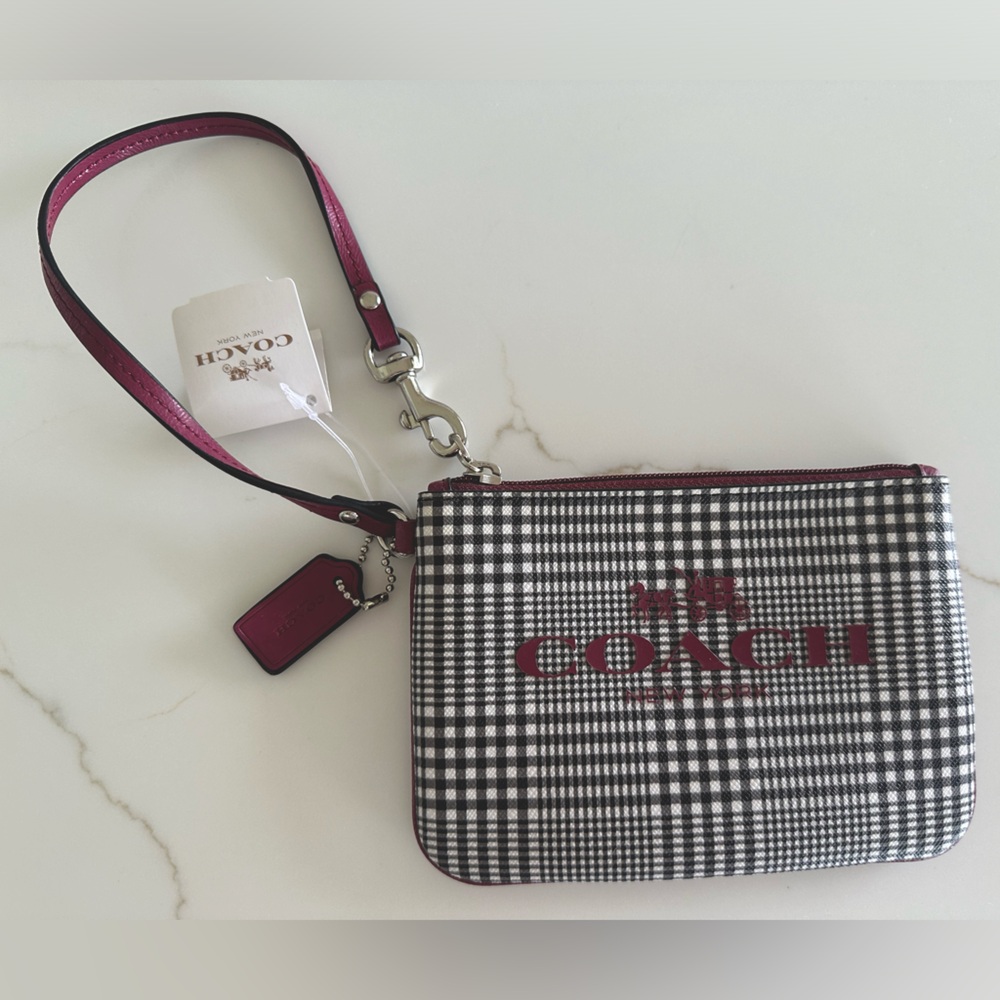 NWT Coach Wristlet | cranberry and plaid print